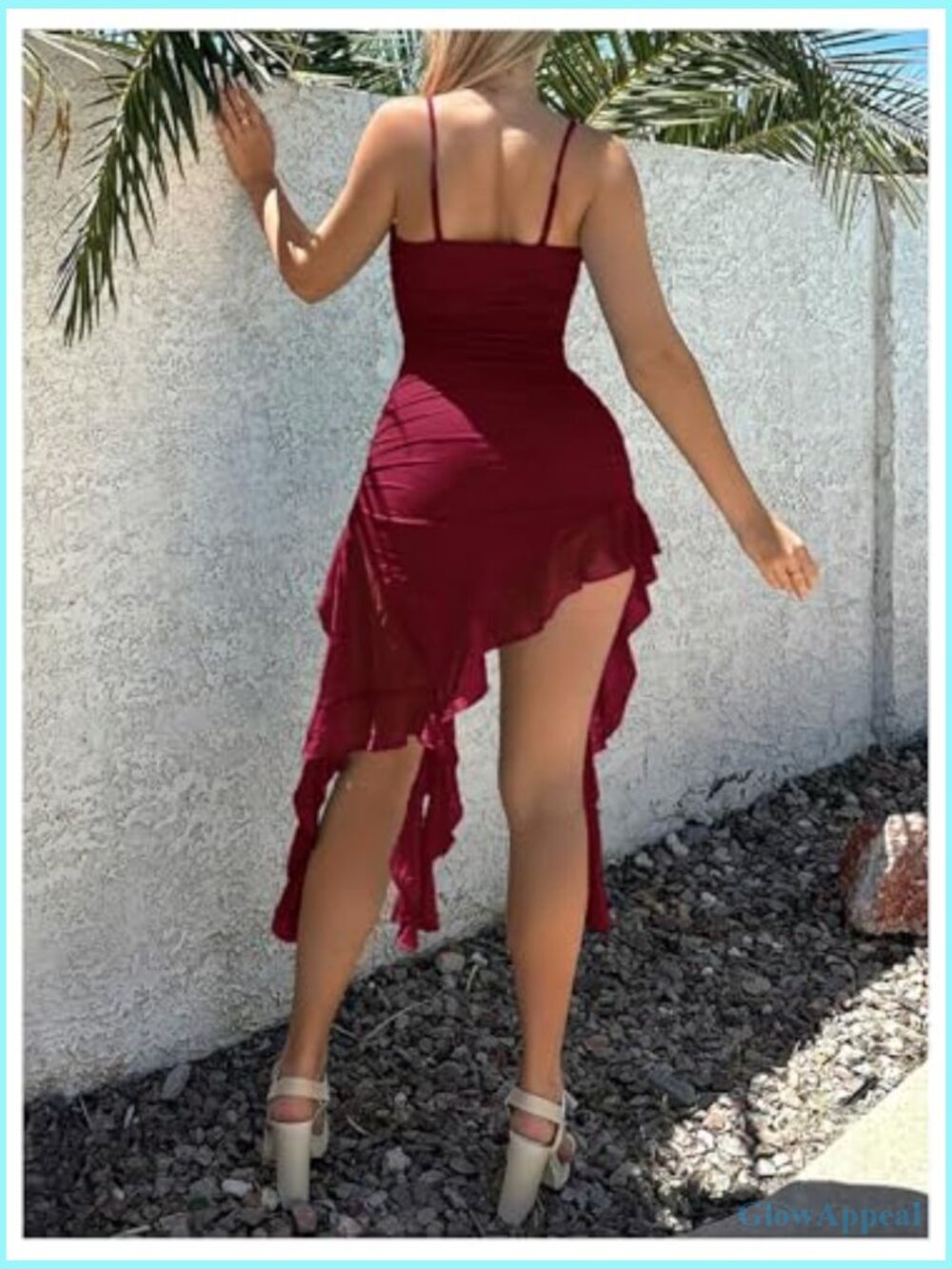 Mesh Mini Dress with Ruffle Hem Floral Decor Bodycon Party Cocktail - Picture 5 of 5